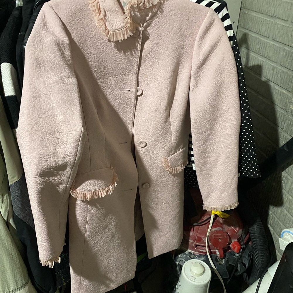 Nine West Light Pink Fringe-Trim Wool Blend Coat